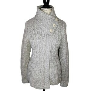 Aran Crafts Cable Knit Cardigan Sweater Merino Wool Ireland Womens Medium Gray